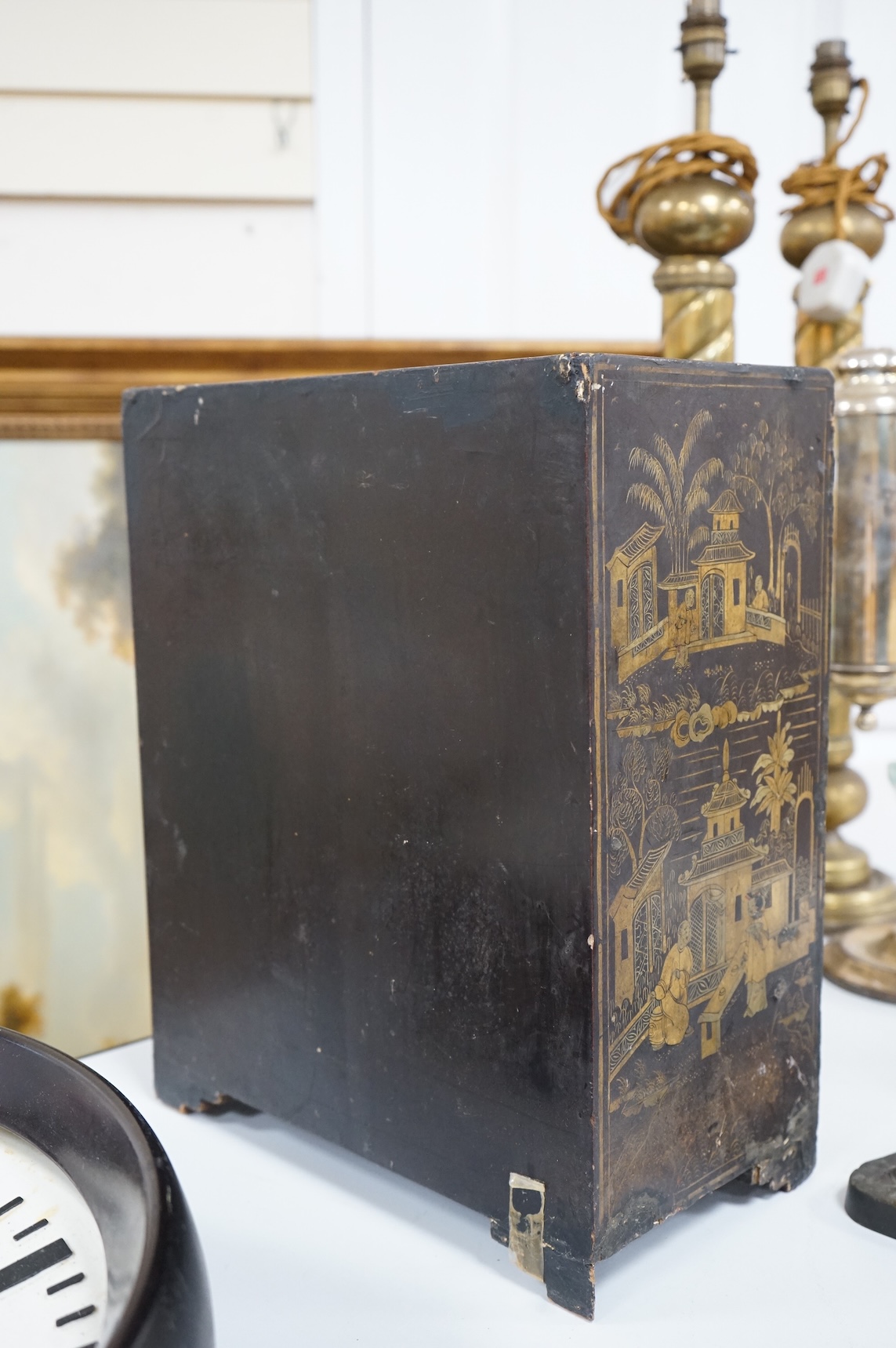 A mid 19th century Chinese export gilt-decorated lacquer two door cabinet, with five drawers, 38cm